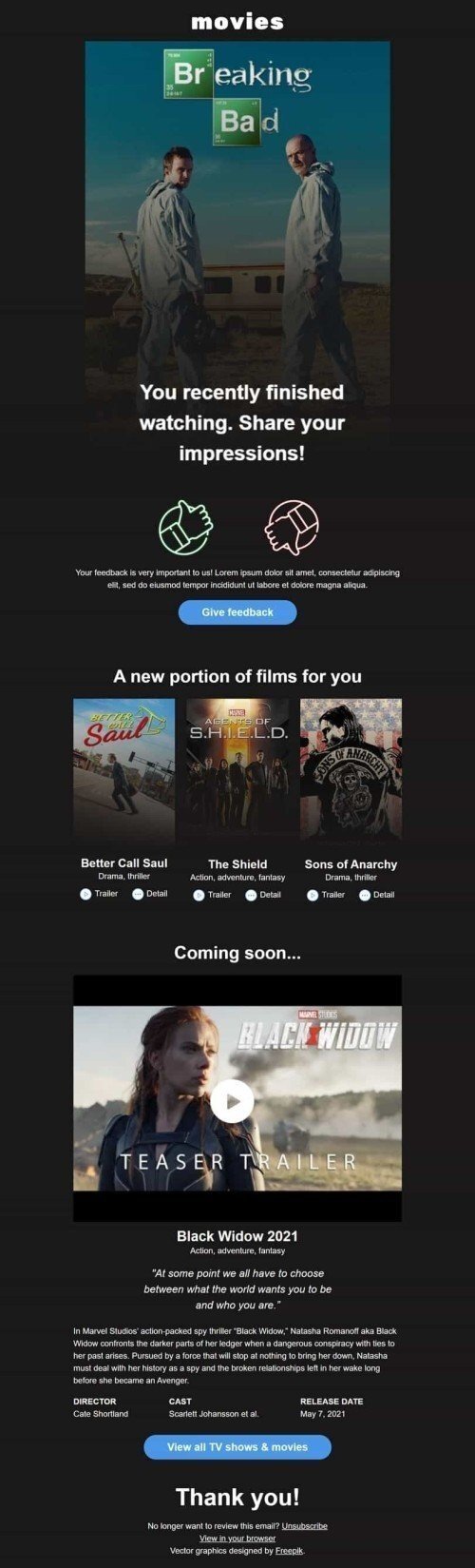 Шаблон листа «Поділіться своїми враженнями» тематики Опитування та Зворотній зв'язок для індустрії «Фільми» десктопний вигляд