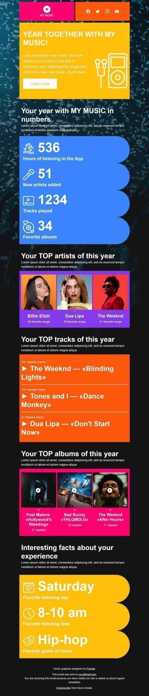 Event Reminder Email Template «Year together» for Music industry desktop view