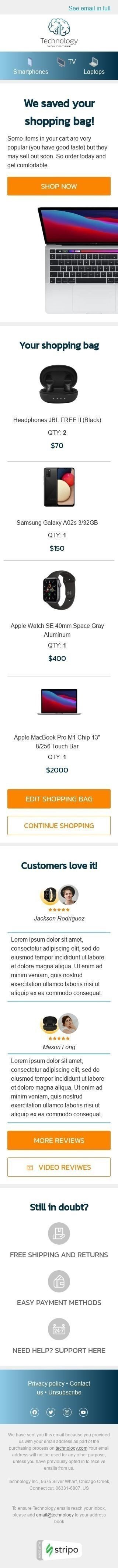 Retargeting E-Mail-Vorlage «Dein verlassener Wagen» für Elektronik & Gadgets-Branche Ansicht auf Mobilgeräten