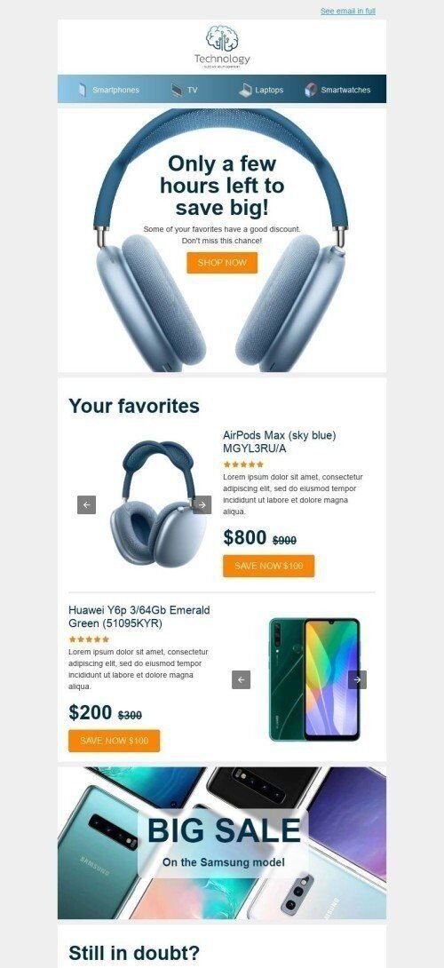 Retargeting Email Template «Sale on favorites» for Gadgets industry mobile view