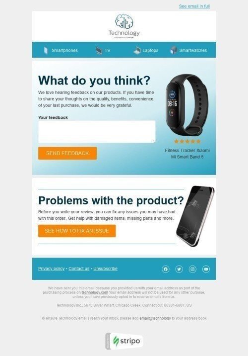 Retargeting Email Template «Purchase feedback» for Gadgets industry desktop view