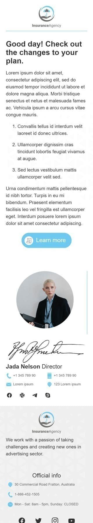 Шаблон листа «Зміни плану» тематики Повідомлення для індустрії «Страхування» мобільний вигляд