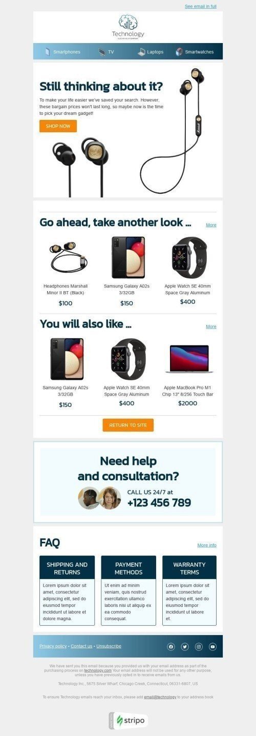 Modèle de courrier électronique Reciblage «Vues abandonnées» pour le secteur Gadgets Affichage mobile