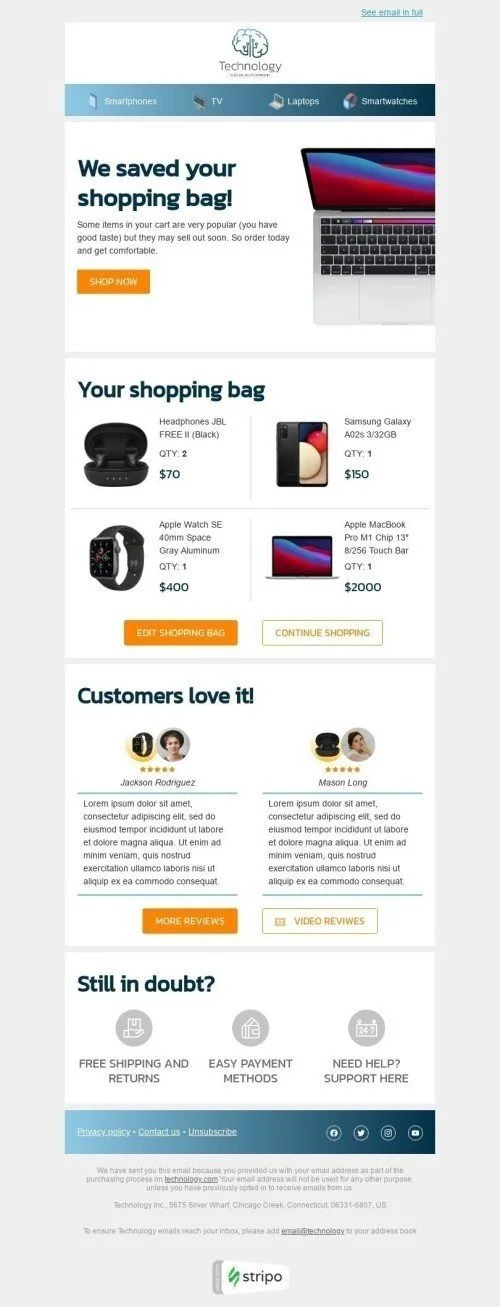 Retargeting Email Template «Your abandoned cart» for Gadgets industry