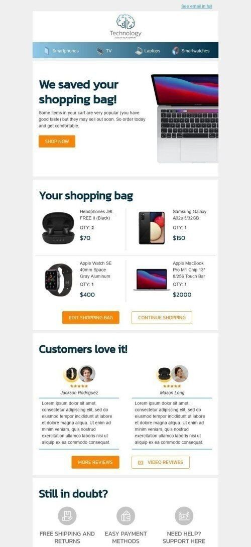 Modèle de courrier électronique Reciblage «Votre panier abandonné» pour le secteur Gadgets Affichage mobile