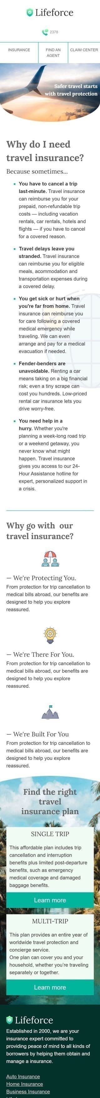 Werbung E-Mail-Vorlage «Reiseversicherung» für Versicherung-Branche Ansicht auf Mobilgeräten