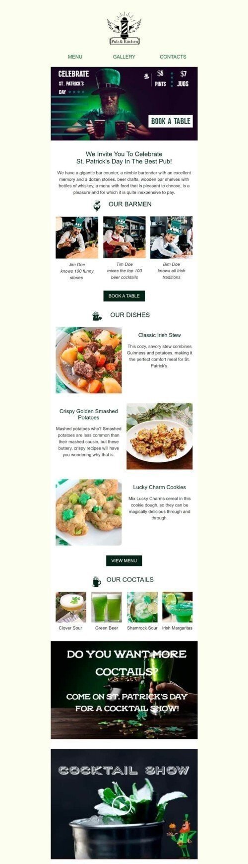 Modelo de E-mail de «No melhor pub» de Dia de São Patrício para a indústria de Alimentação Visualização de desktop