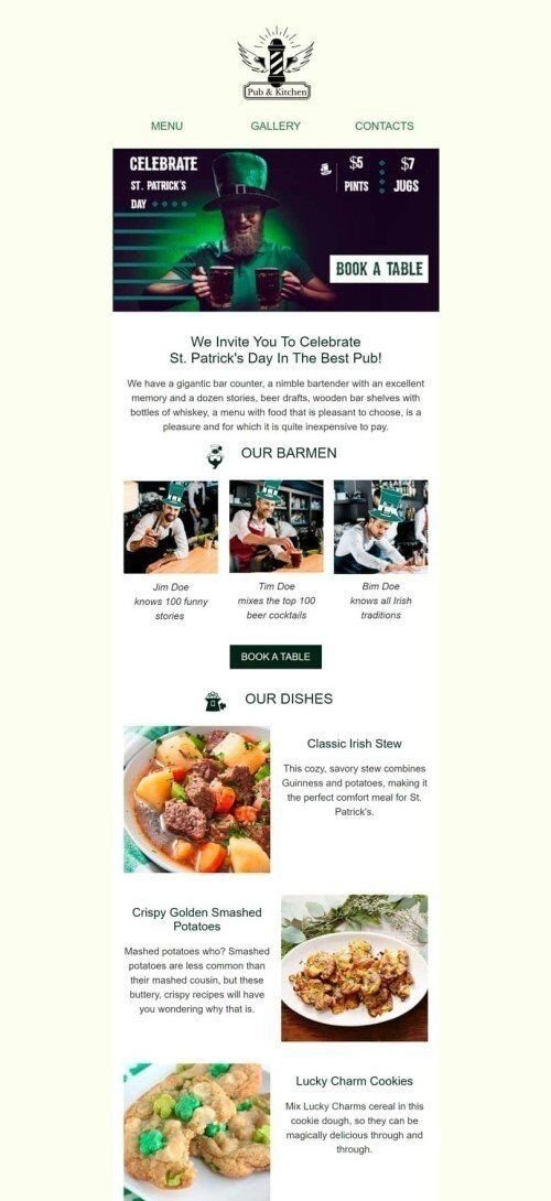 Plantilla de correo electrónico «En el mejor pub» de Día de San Patricio para la industria de Gastronomía Vista de móvil