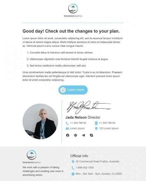 Plantilla de correo electrónico «Cambios de plan» de Alertas y notificaciones para la industria de Seguro Vista de móvil