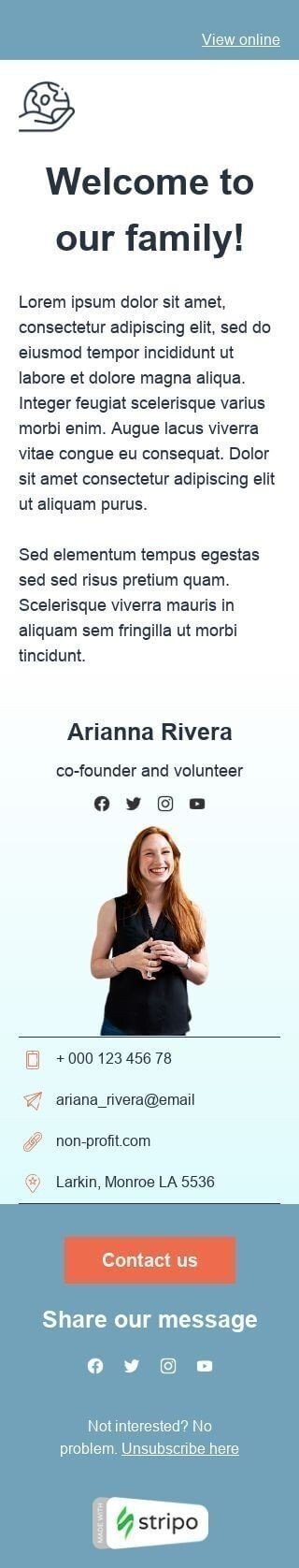 Modello Email Promo «Parte della famiglia» per il settore industriale di No profit e beneficenza Visualizzazione mobile