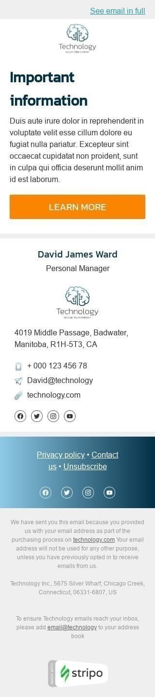 Werbung E-Mail-Vorlage «Wichtige Informationen» für Elektronik & Gadgets-Branche Ansicht auf Mobilgeräten