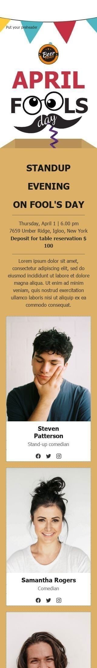 Aprilscherz E-Mail-Vorlage «Standup Abend» für Essen-Branche Ansicht auf Mobilgeräten