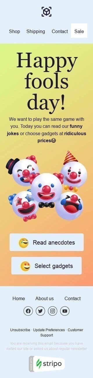Шаблон письма к празднику Первое апреля «Смешные анекдоты» для индустрии «Гаджеты» мобильный вид