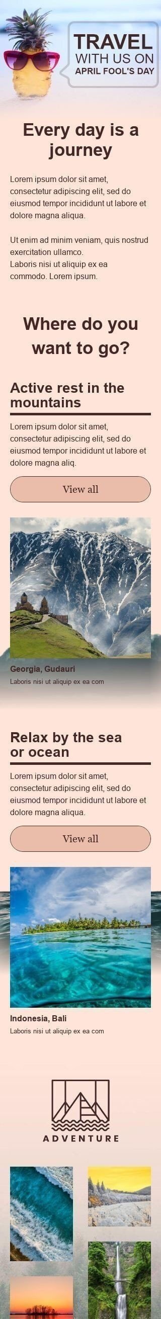 Aprilscherz E-Mail-Vorlage «Jeder Tag ist eine Reise» für Tourismus-Branche Ansicht auf Mobilgeräten