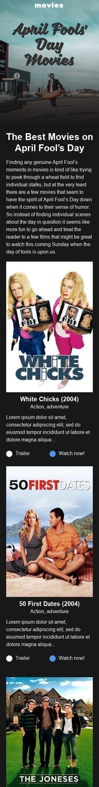 Шаблон письма к празднику Первое апреля «Первоапрельские фильмы» для индустрии «Фильмы» мобильный вид