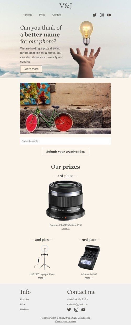 Werbung E-Mail-Vorlage «Nennen Sie das Foto» für Fotografie-Branche Ansicht auf Mobilgeräten