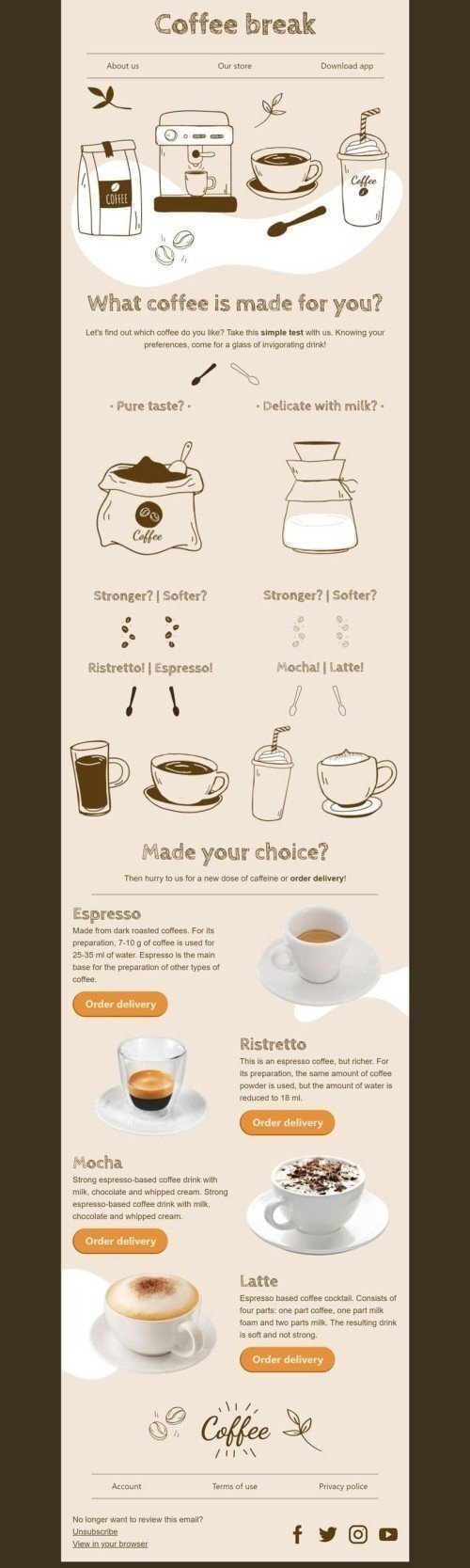 Modello Email Promo «Scegli il tuo caffè» per il settore industriale di Bevande Visualizzazione desktop