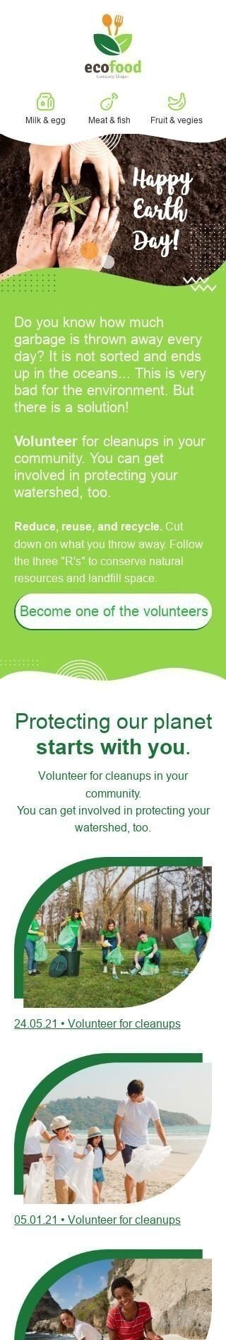Earth Day Email Template «Garbage collection» for Food industry mobile view