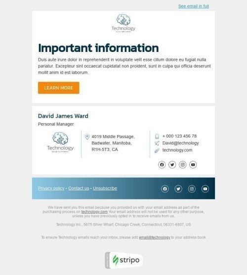 Werbung E-Mail-Vorlage «Wichtige Informationen» für Elektronik & Gadgets-Branche Desktop-Ansicht