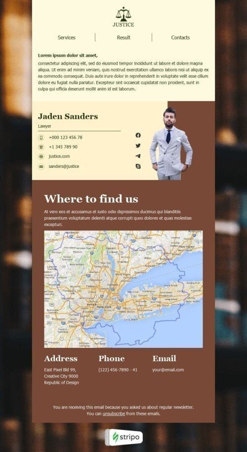 Промо шаблон листа «Контакти юристів» для індустрії «Юридичні послуги» мобільний вигляд