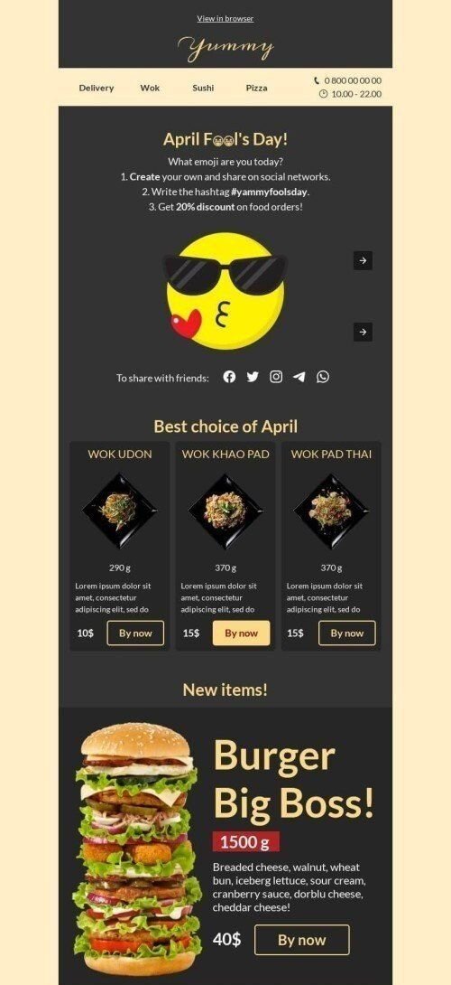 Modelo de E-mail de «Seu emoji» de Dia da Mentira para a indústria de Alimentação Visualização de dispositivo móvel