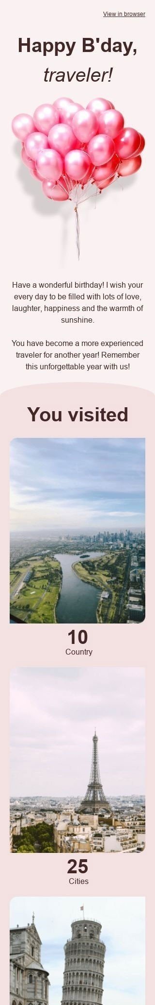 Geburtstag E-Mail-Vorlage «Ihre Statistiken» für Tourismus-Branche Ansicht auf Mobilgeräten