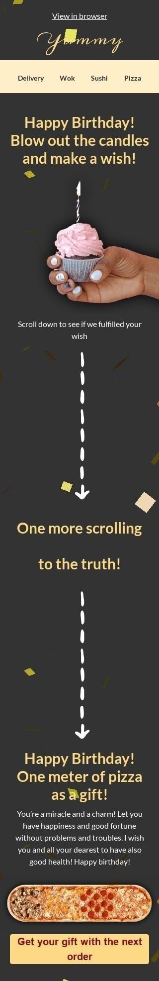 Geburtstag E-Mail-Vorlage «Ein Meter Pizza» für Essen-Branche Ansicht auf Mobilgeräten