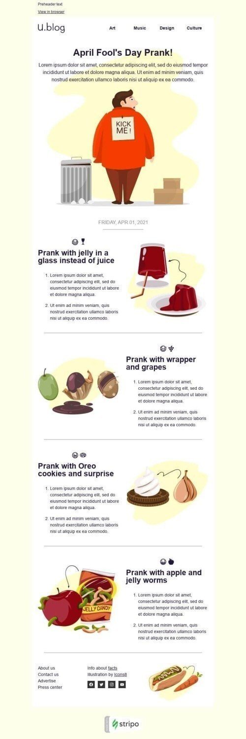 Шаблон листа до свята День сміху «Пустощі над друзями» для індустрії «Публікації та Блог» мобільний вигляд