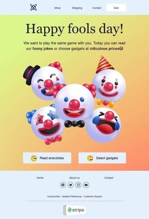 April Fools' Day Email Template «Funny jokes» for Gadgets industry mobile view
