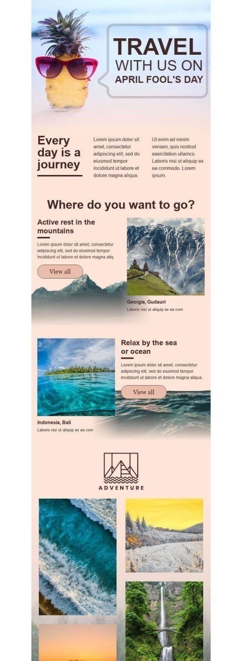 Aprilscherz E-Mail-Vorlage «Jeder Tag ist eine Reise» für Tourismus-Branche Desktop-Ansicht