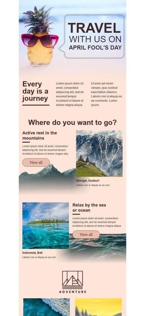 Modelo de E-mail de «Cada dia é uma jornada» de Dia da Mentira para a indústria de Turismo Visualização de dispositivo móvel