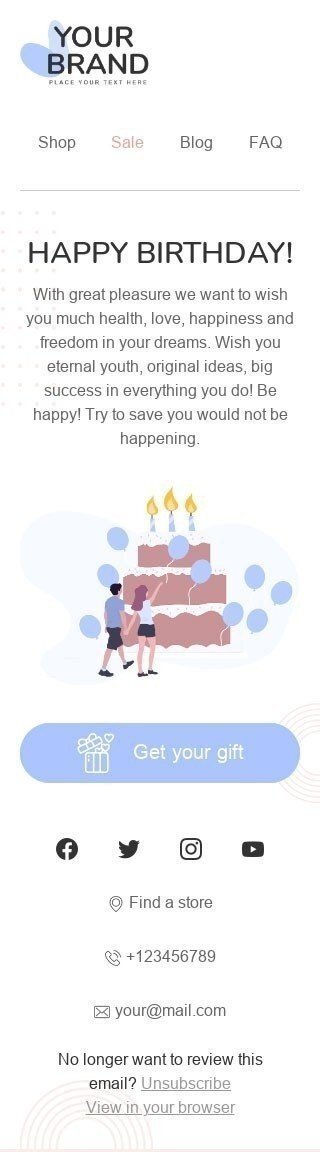 Modèle de courrier électronique Anniversaire «Gâteau d'anniversaire» pour le secteur Mode Affichage mobile