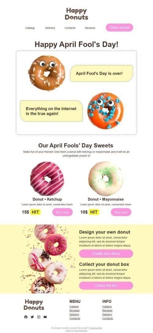 Modelo de E-mail de «Donuts com surpresa» de Dia da Mentira para a indústria de Alimentação Visualização de dispositivo móvel