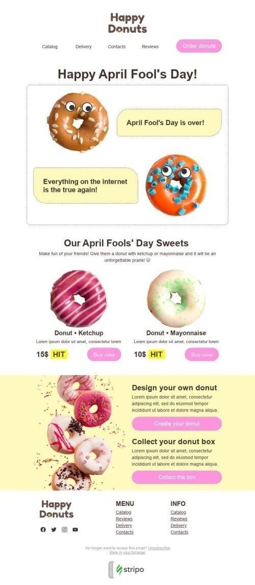 Шаблон листа до свята День сміху «Пончики з подивом» для індустрії «Їжа» мобільний вигляд