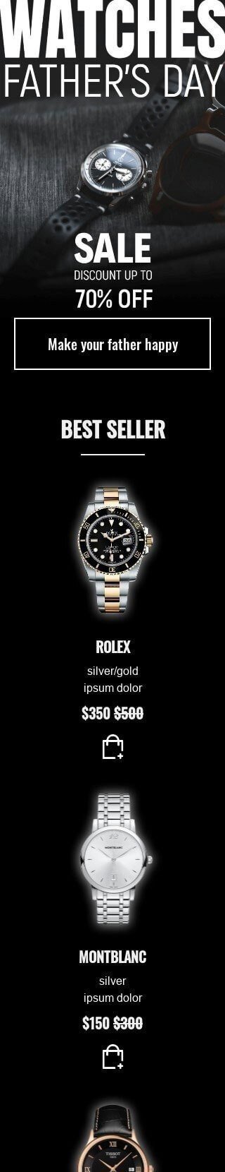 Modelo de E-mail de «Venda de relógios» de Dia dos Pais para a indústria de Joalheria Visualização de dispositivo móvel