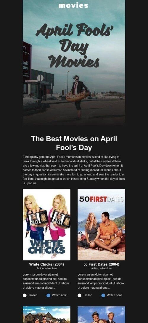 Aprilscherz E-Mail-Vorlage «Filme zum Aprilscherz» für Filme-Branche Ansicht auf Mobilgeräten