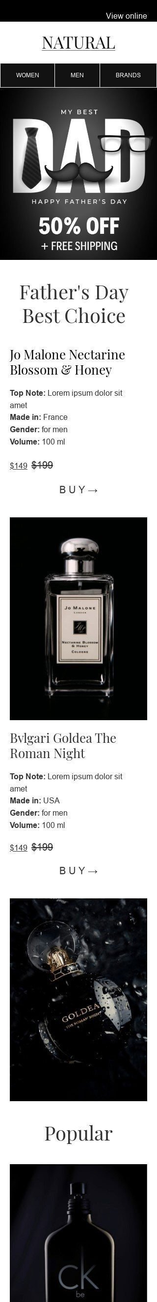 Vatertag E-Mail-Vorlage «Parfüm für Väter» für Beauty & Pflege-Branche Ansicht auf Mobilgeräten