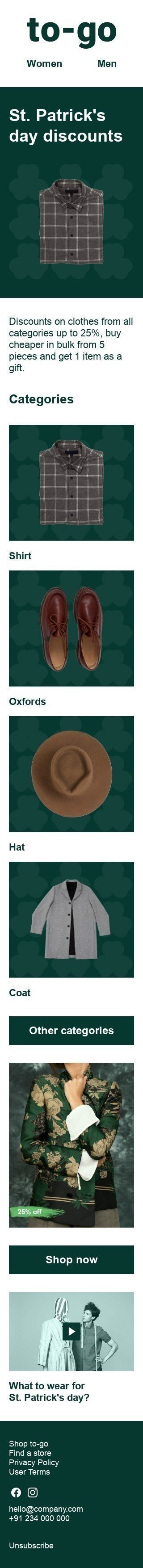 Шаблон листа до свята День Cв. Патрика «Щоденні знижки» для індустрії «Мода» мобільний вигляд