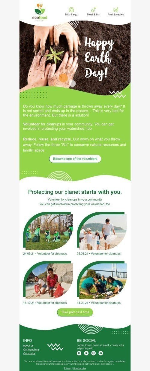 Earth Day Email Template «Garbage collection» for Food industry desktop view