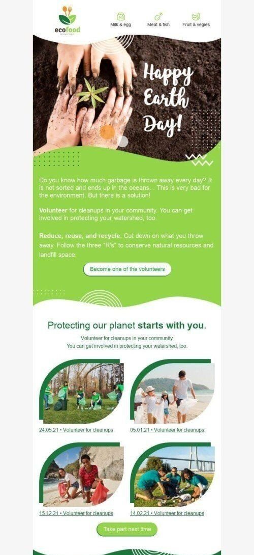 Earth Day Email Template «Garbage collection» for Food industry mobile view