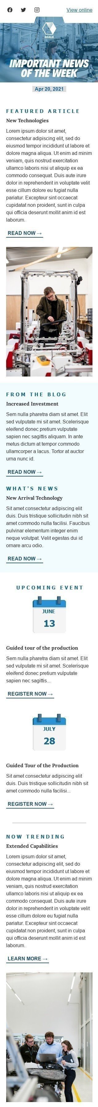 Werbung E-Mail-Vorlage «Nachrichten der Woche» für Herstellung-Branche Ansicht auf Mobilgeräten