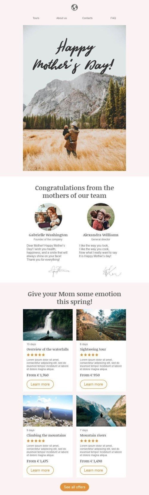 Mother’s Day Email Template «Congratulations from the mothers» for Travel industrydesktop view