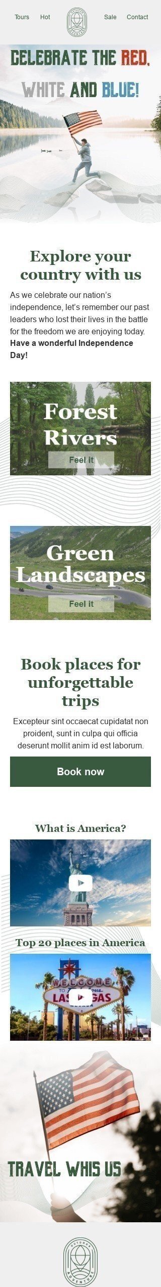 Modello Email Giorno dell’Indipendenza «Viaggia in America» per il settore industriale di Turismo Visualizzazione mobile