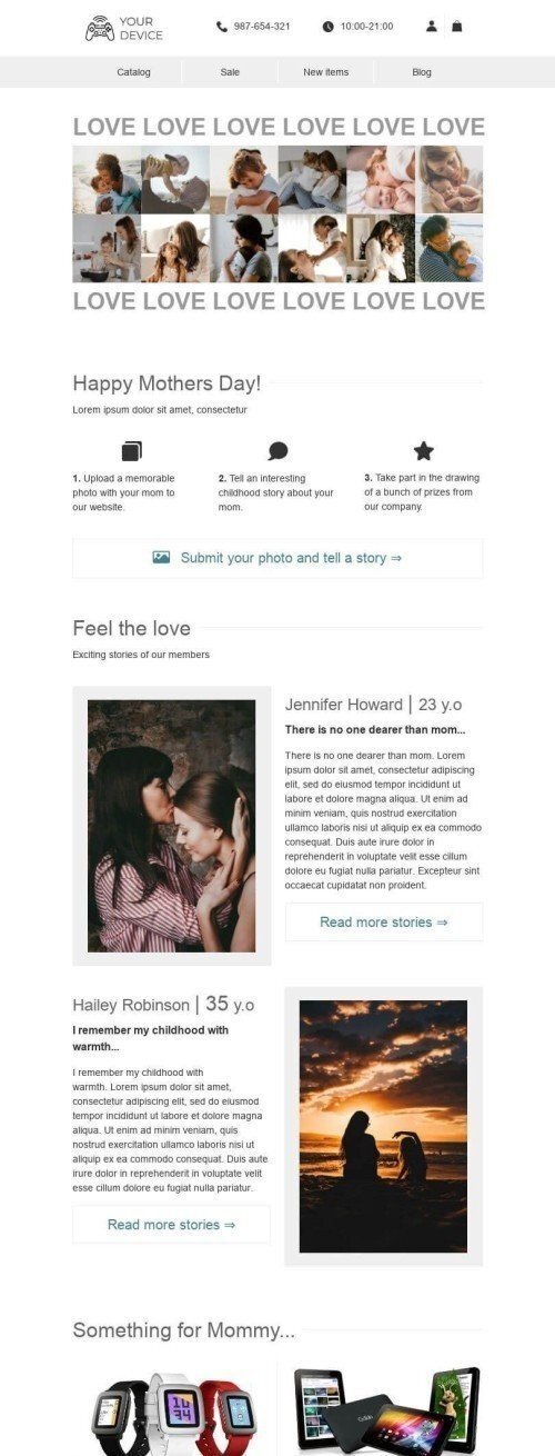 Mother’s Day Email Template «Interesting childhood story» for Gadgets industrydesktop view