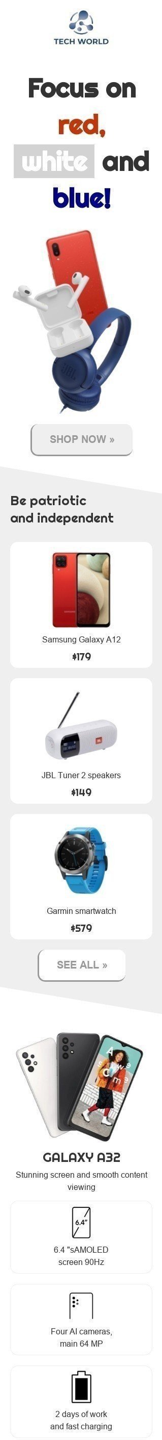 Modello Email Giorno dell’Indipendenza «Concentrati su rosso, bianco e blu» per il settore industriale di Gadget Visualizzazione mobile