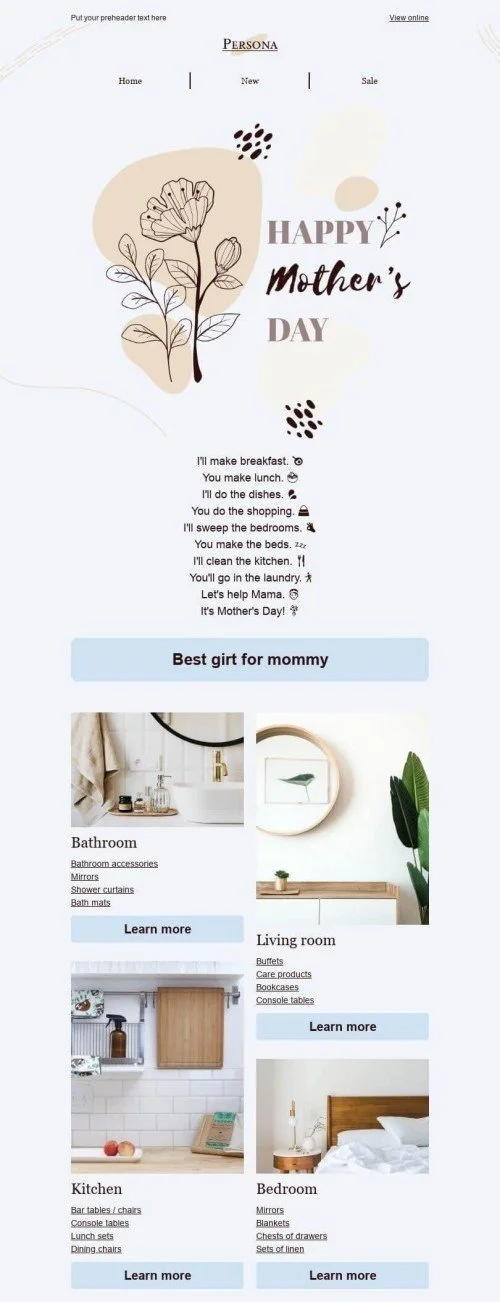 Mother’s Day Email Template «Let's help Mama» for Furniture, Interior & DIY industry