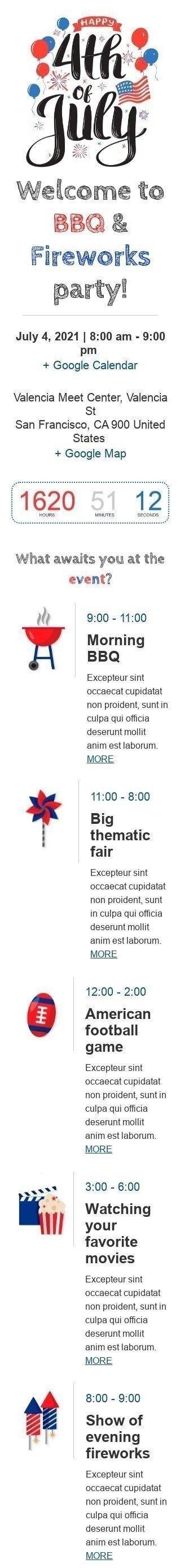 Independence Day Email Template «BBQ and fireworks party» for Hobbies industry mobile view