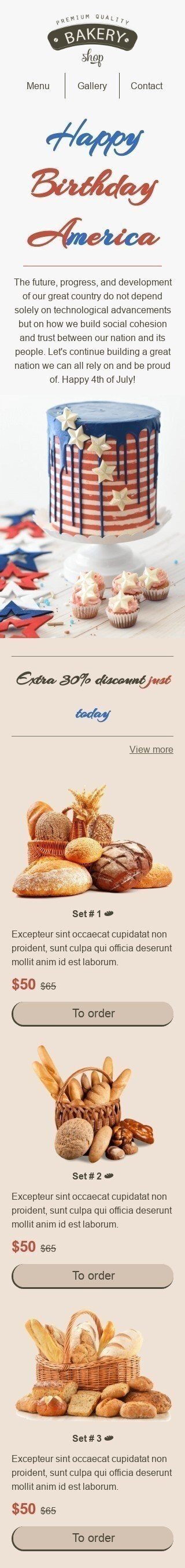 Modello Email Giorno dell’Indipendenza «Buon compleanno America» per il settore industriale di Cibo Visualizzazione mobile