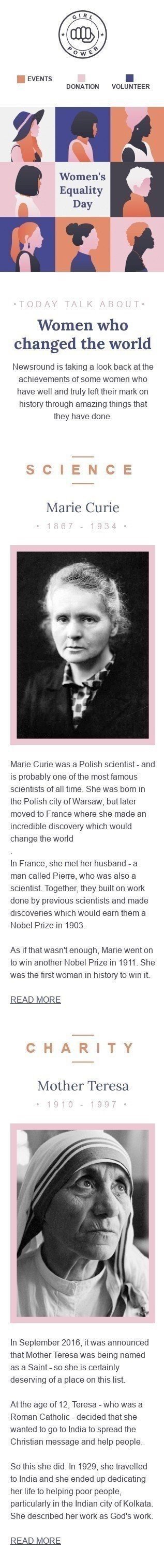 Modelo de E-mail de «Mulheres que mudaram o mundo» de Dia Internacional da Igualdade Feminina para a indústria de Sem fins lucrativos e caridade Visualização de dispositivo móvel