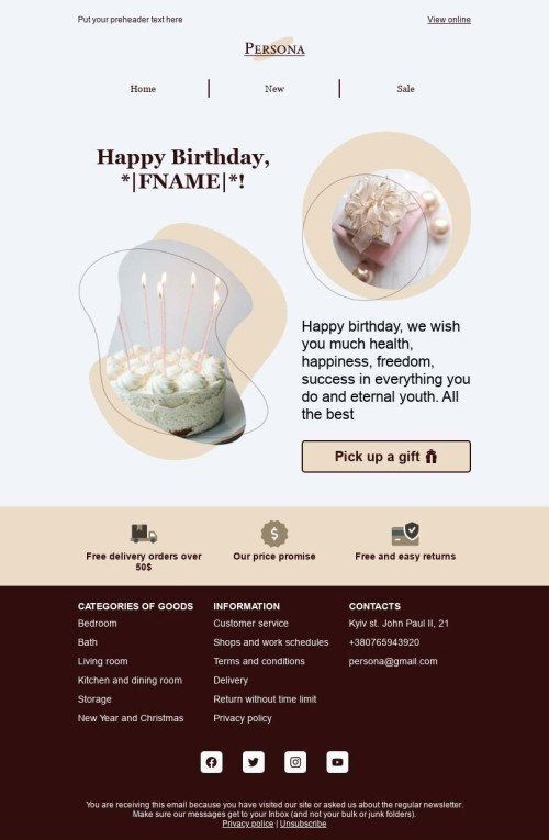 Birthday Email Template «Pick up a gift» for Furniture, Interior & DIY industry mobile view
